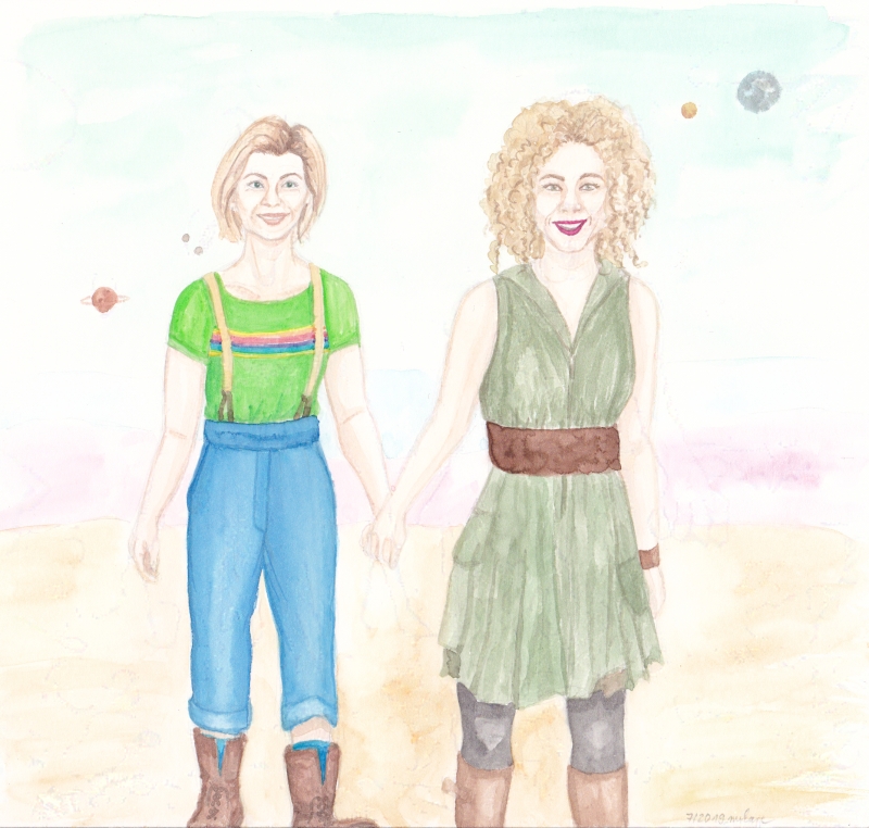 Thirteenth Doctor hand in hand with River Song on a planet